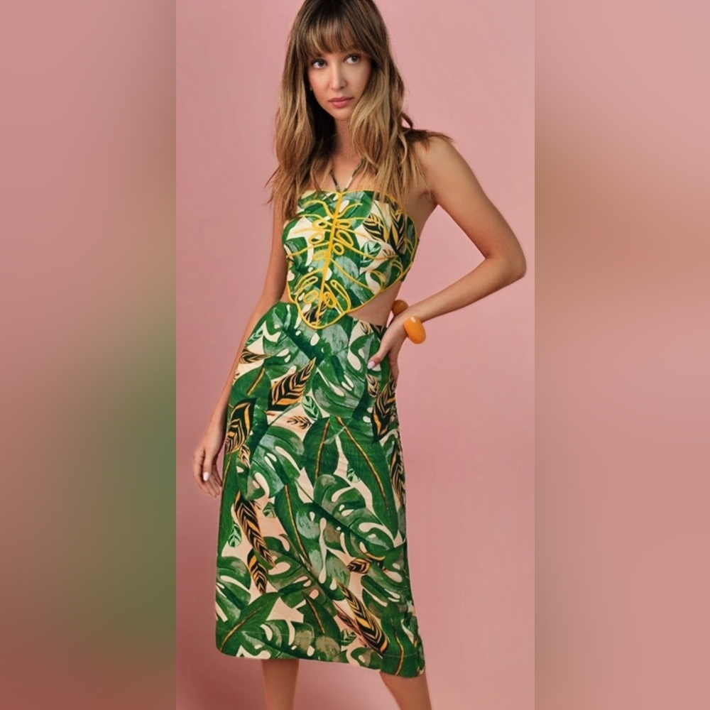 FARM Rio Green and Yellow Tropical Midi Dress